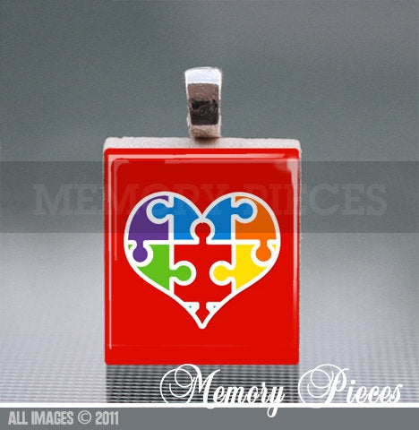 Autism Awareness Heart 'Puzzle Pieces' Scrabble Tile Pendant with Silver Ball Chain