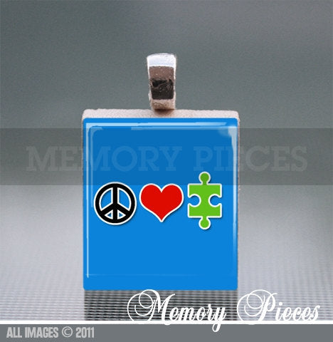 Autism Awareness 'Peace Love Autism' Scrabble Tile Pendant with Silver Ball Chain