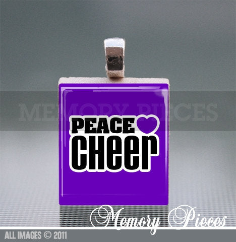 'Peace Love Cheer' Purple Scrabble Tile Pendant with Ball Chain