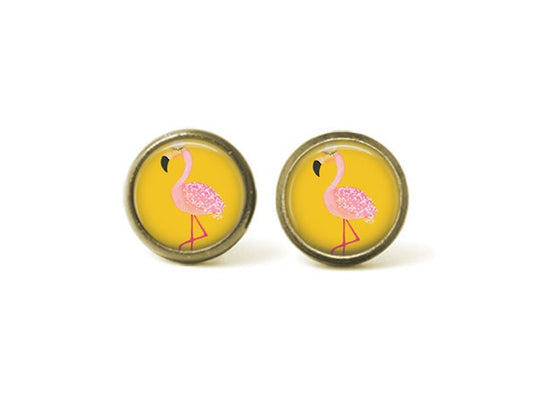 Flamingo Yellow Background 12mm Post Earrings