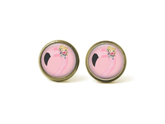 Flamingo Pink Background 12mm Post Earrings