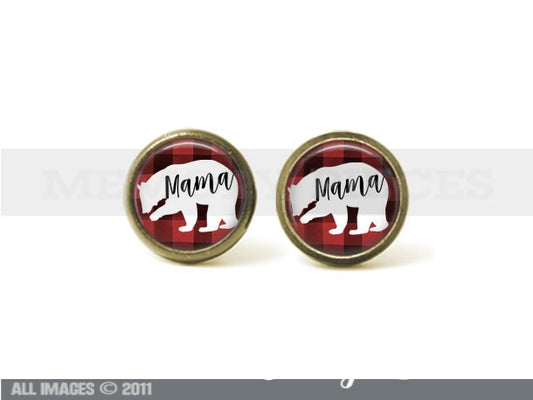 Mama Bear Buffalo Plaid 12mm Post Earrings