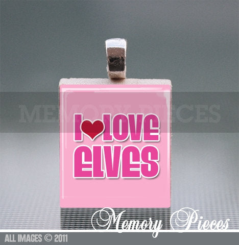 I Love Elves Scrabble Tile Pendant and Silver Ball Chain Necklace