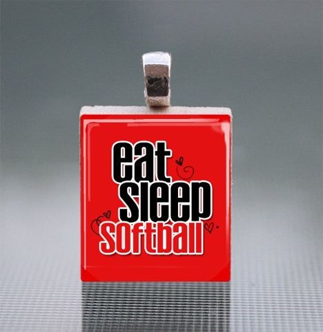 'Eat Sleep Softball' Scrabble Tile Pendant with Ball Chain