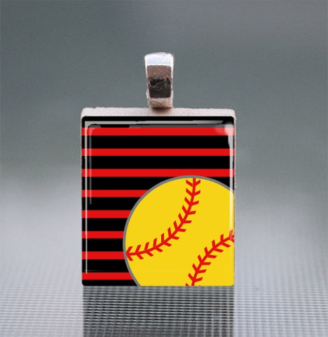 Softball - Stripes Scrabble Tile Pendant with Ball Chain