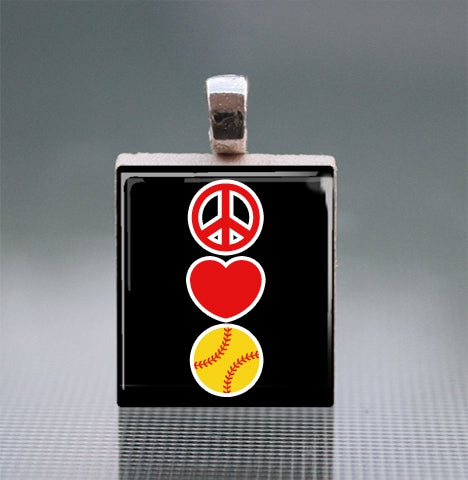 Peace-Love-Softball Scrabble Tile Pendant with Ball Chain