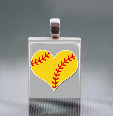 Softball Heart Scrabble Tile Pendant with Ball Chain