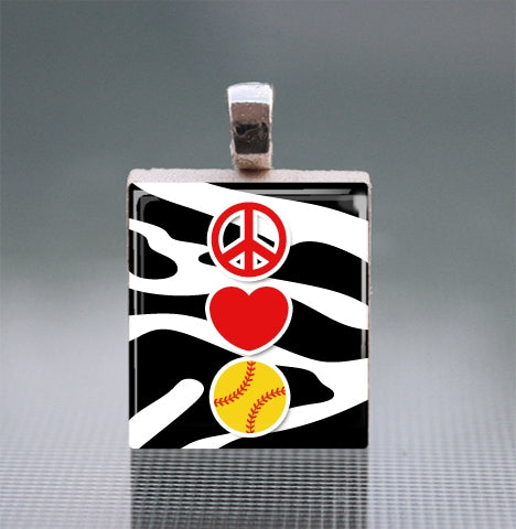 Peace-Love-Softball Scrabble Tile Pendant with Ball Chain