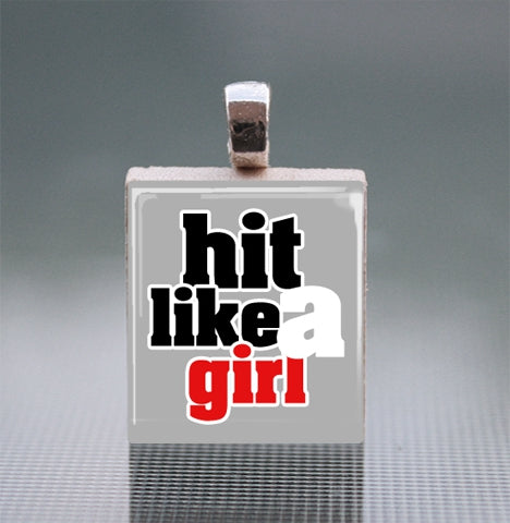 'Hit Like A Girl' Scrabble Tile Pendant with Ball Chain