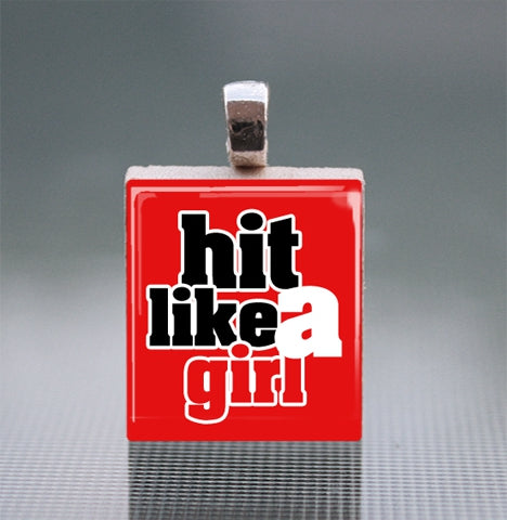 'Hit Like A Girl' Scrabble Tile Pendant with Ball Chain