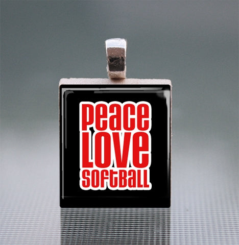 'Peace Love Softball' Scrabble Tile Pendant with Ball Chain