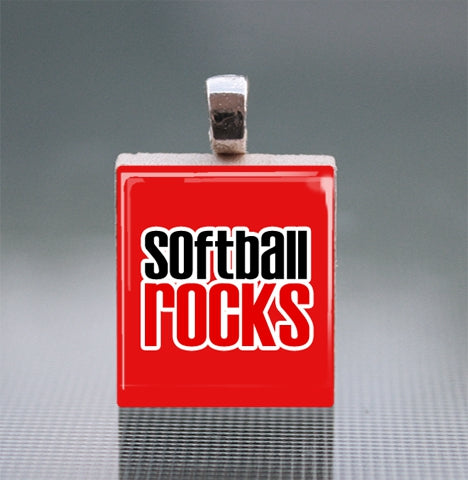 'Softball Rocks' Scrabble Tile Pendant with Ball Chain