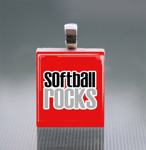 'Softball Rocks' Scrabble Tile Pendant with Ball Chain