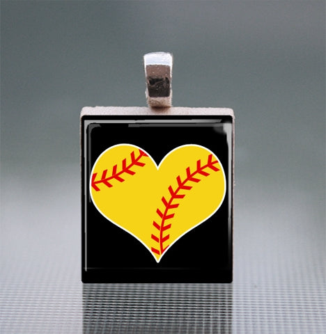 Softball Heart Scrabble Tile Pendant with Ball Chain