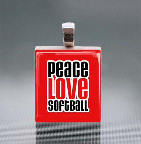 'Peace Love Softball' Scrabble Tile Pendant with Ball Chain