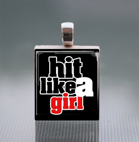 'Hit Like A Girl' Scrabble Tile Pendant with Ball Chain