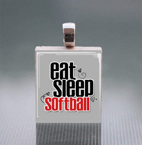 'Eat Sleep Softball' Scrabble Tile Pendant with Ball Chain