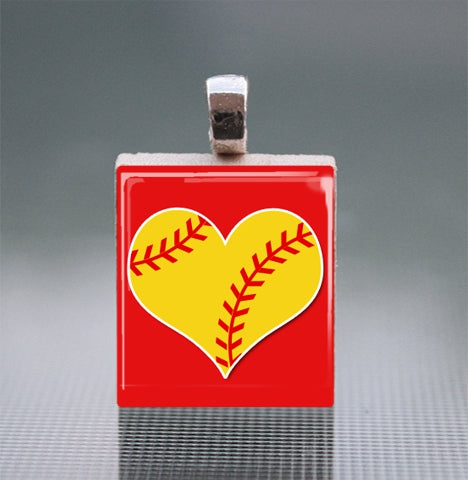 Softball Heart Scrabble Tile Pendant with Ball Chain