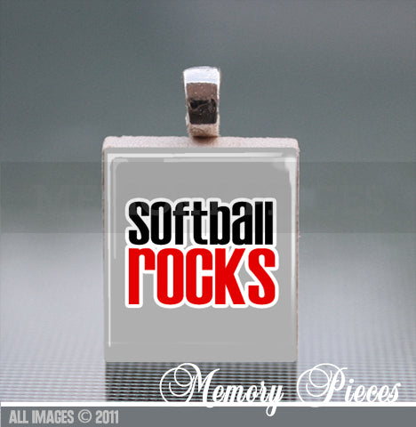 'Softball Rocks' Scrabble Tile Pendant with Ball Chain