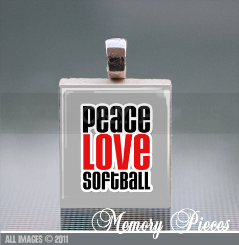 'Peace Love Softball' Scrabble Tile Pendant with Ball Chain