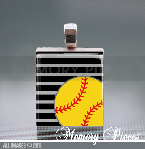 Softball - Stripes Scrabble Tile Pendant with Ball Chain