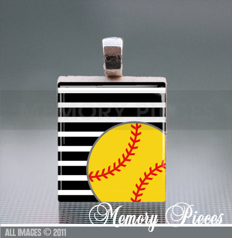 Softball - Stripes Scrabble Tile Pendant with Ball Chain